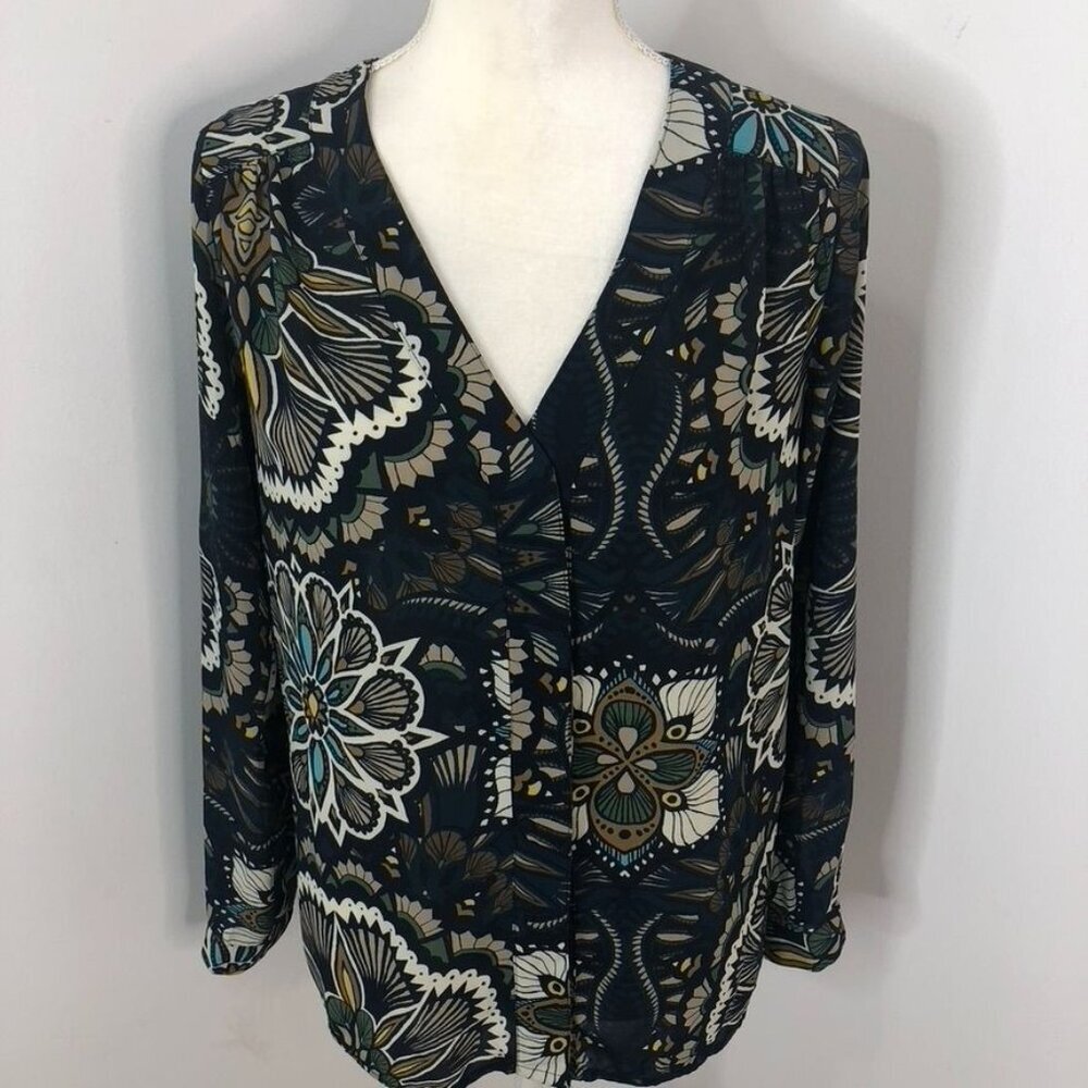 H&M Floral Print Long Sleeve V-Neck Blouse Size 4 Button Front Brown Blue Office